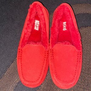 Red UGG plush loafer